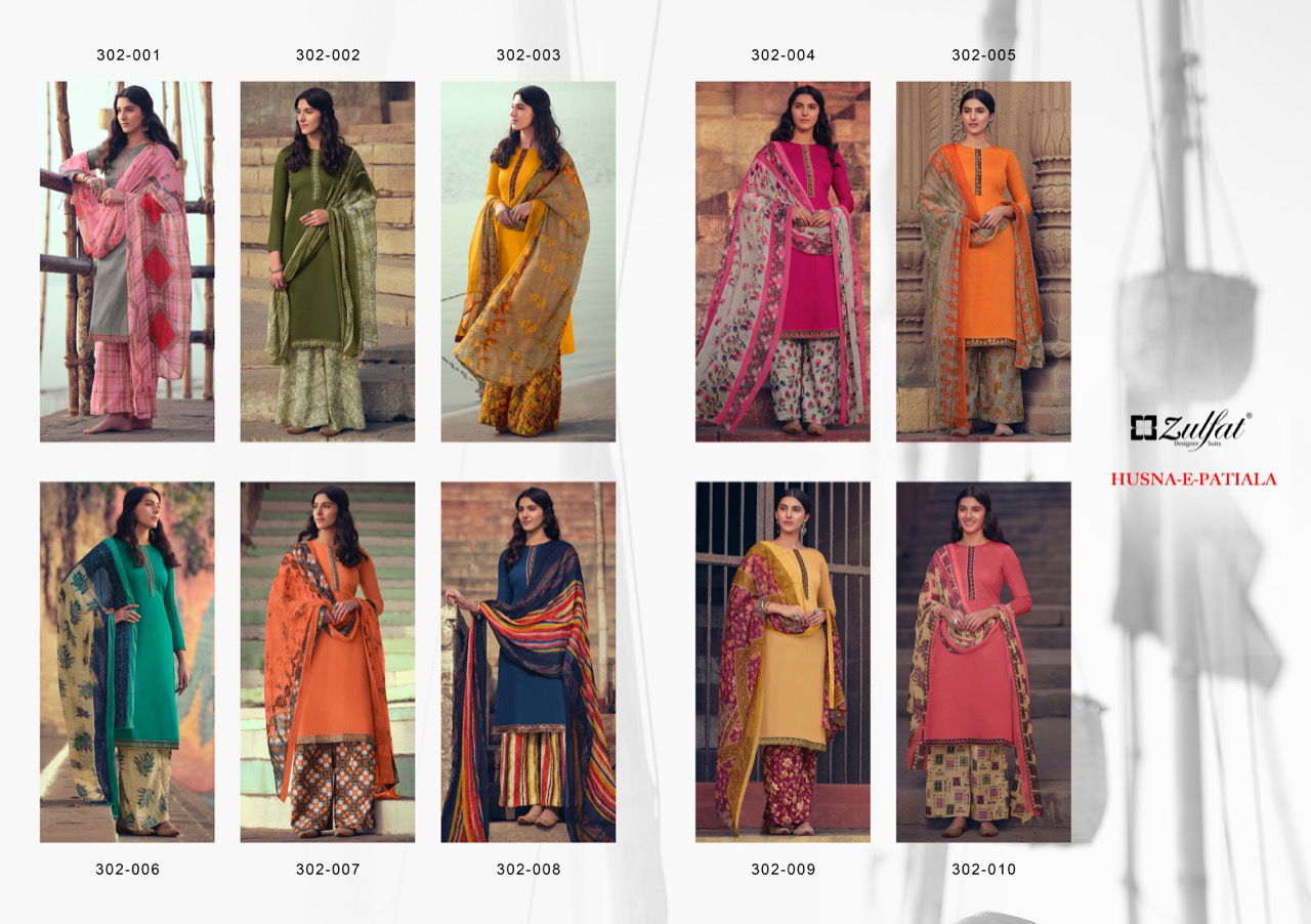 Zulfat Husna E Patiala 3 Casual Wear Elegantly stitched Kashmiri style Tie Lace Cotton Top With Bottom And Four Side less Dupatta Designer Dress Material Collection